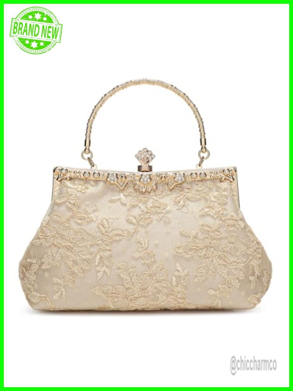 Lace Floral Clutch Evening Bag with Rhinestone Metal Handle